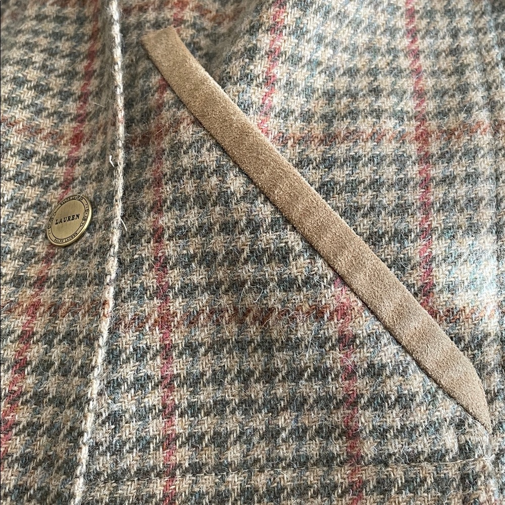 Vintage Lauren Ralph Lauren Houndstooth Wool Jacket Leather Trim Full Zip Sz S - Picture 5 of 12